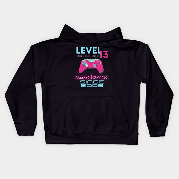 Level 13 Unlocked Awesome 2008 Video Gamer Kids Hoodie by Fabled Rags 